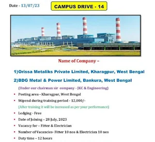 ITI Jobs Recruitment for West Bengal | ITI Campus Placement Drive for Orissa Metaliks Private Limited &  BDG Metal & Power Limited