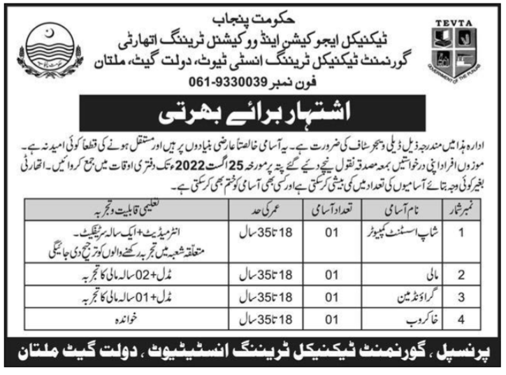 Latest Technical Education & Vocational Training Authority TEVTA Education Posts Multan 2022