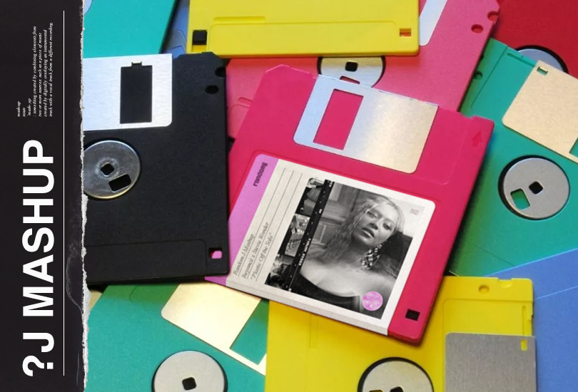 A pile of colourful floppy discs. With one pink disc with a label on it, which features the cover art of my Beyoncé x Stevie Wonder mashup. The cover of which features a black and white shot of Beyoncé at her 2023 Grammys afterparty.