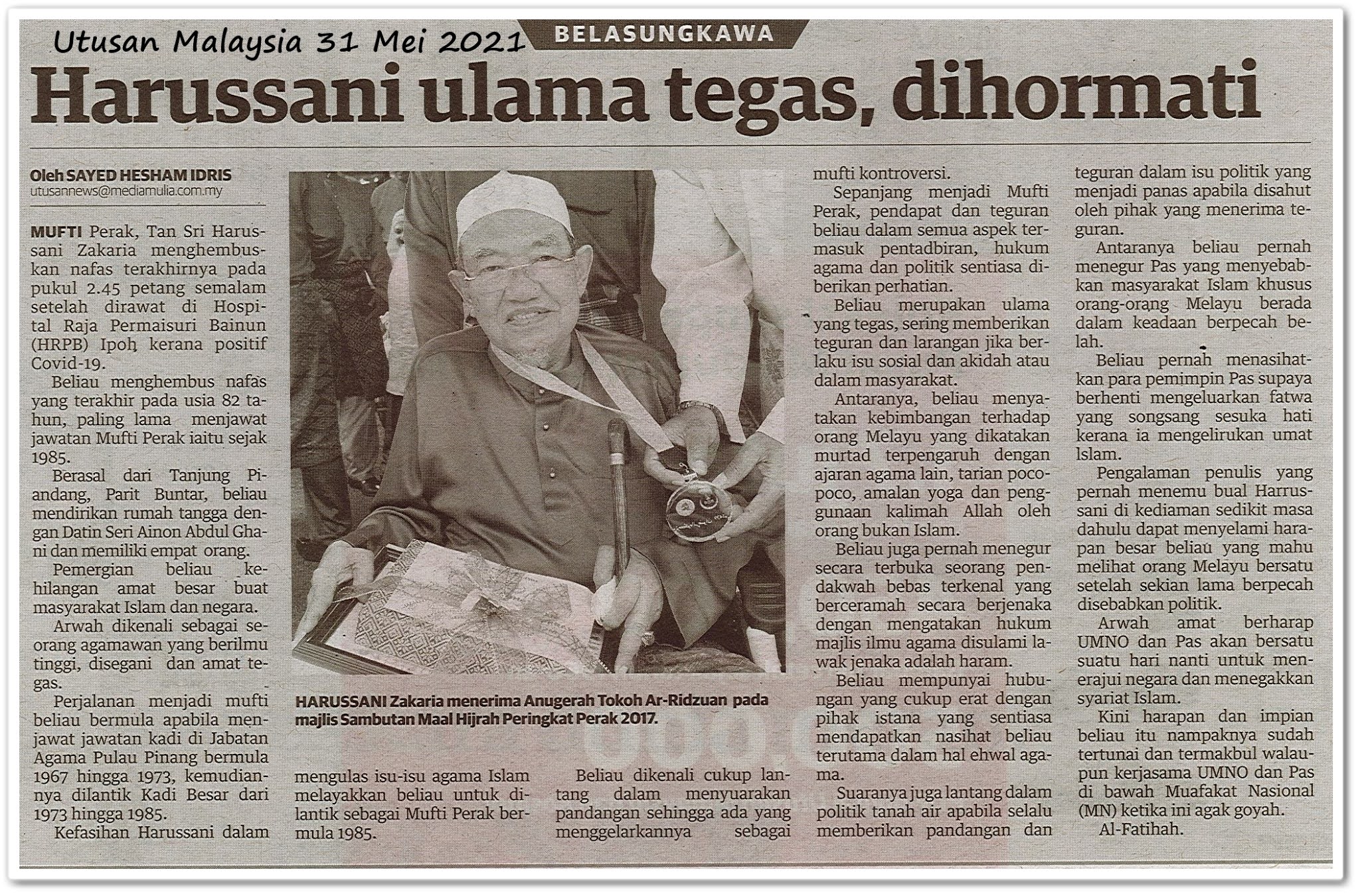 Belasungkawa : Harussani ulama tegas, dihormati - Keratan akhbar Utusan Malaysia 31 Mei 2021
