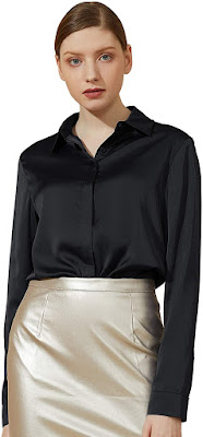 Long Sleeve Black Silk Satin Shirts Blouses