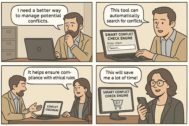 A four-panel comic strip showing a freelance legal consultant solving conflict-checking challenges using an AI tool.  Panel 1: A man sits at a desk with a laptop, thinking: "I need a better way to manage potential conflicts."  Panel 2: The same man looks at his laptop and says, "This tool can automatically search for conflicts." The laptop screen shows: SMART CONFLICT CHECK ENGINE - Enter client - Search...  Panel 3: The consultant is now explaining the tool to a woman: "It helps ensure compliance with ethical rules." The screen next to them reads CONFLICT CHECK ENGINE.  Panel 4: A different woman smiles while holding a phone, saying, "This will save me a lot of time!" A nearby monitor displays the SMART CONFLICT CHECK ENGINE with a shopping cart icon.