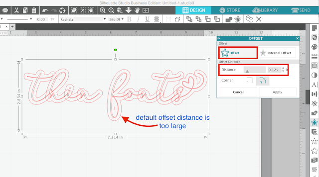 thin fonts, adhesive vinyl, silhouette studio beginner tutorial, silhouette studio, offset tool