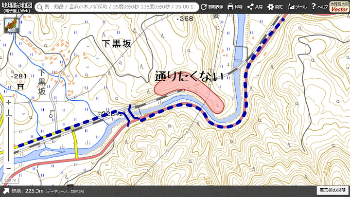 孫四郎橋が薮津の崖に架かっていた場合に想定されるトラフィックを地理院地図に追加した説明用画像