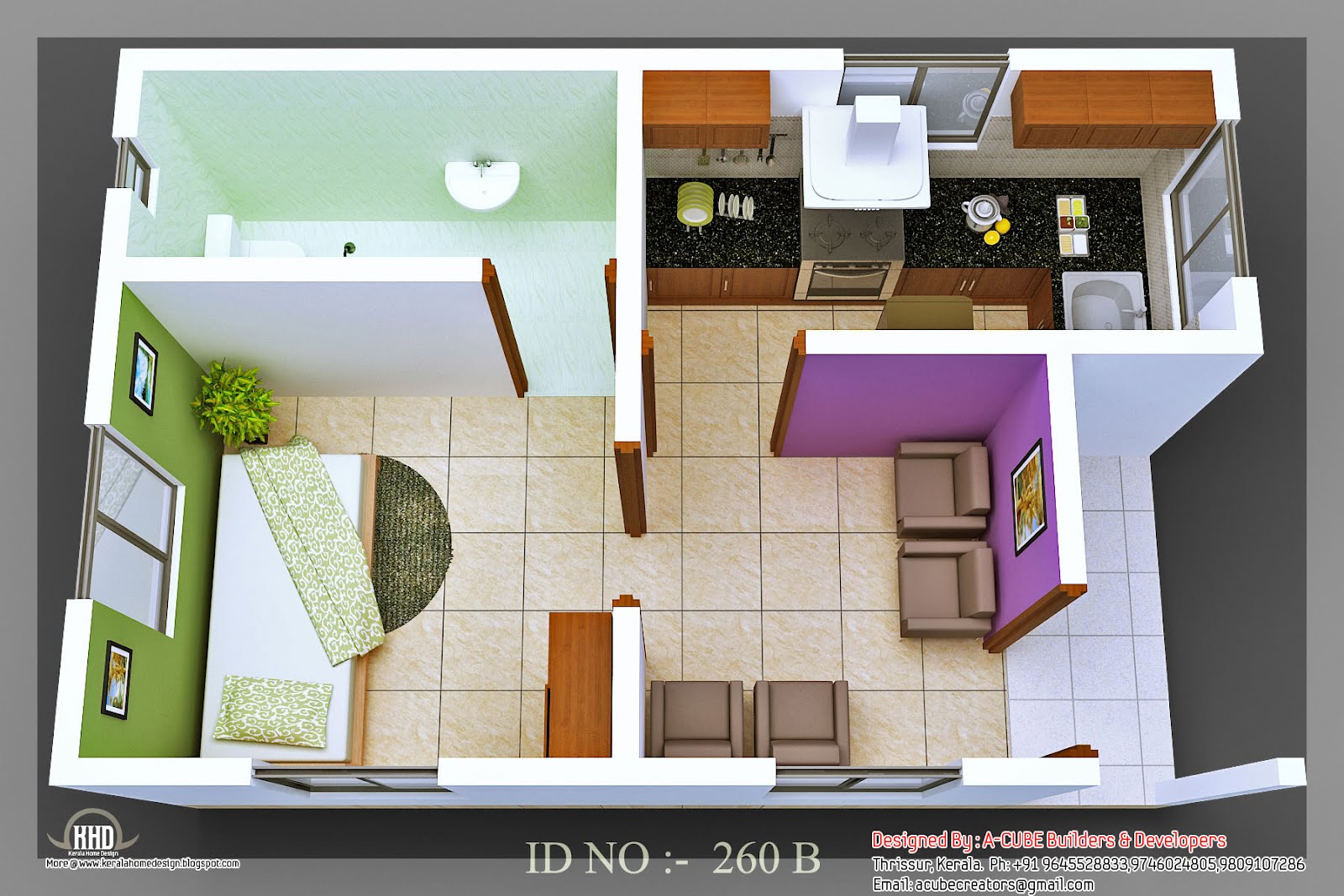 3D isometric  views  of small house  plans  Kerala home  