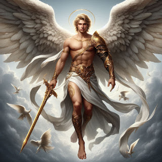 El Arcángel Sariel esta en un ambiente celestial, viste una toga blanca, sus alas están desplegadas y porta una espada en su mano derecha