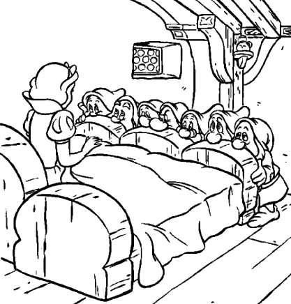 Dibujo de Blancanieves en la cama de los siete enanos o enanitos para colorear pintar