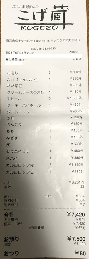 炭火串焼BARこげ蔵 2023/5/31 飲食