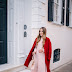 Pink dress with red coat