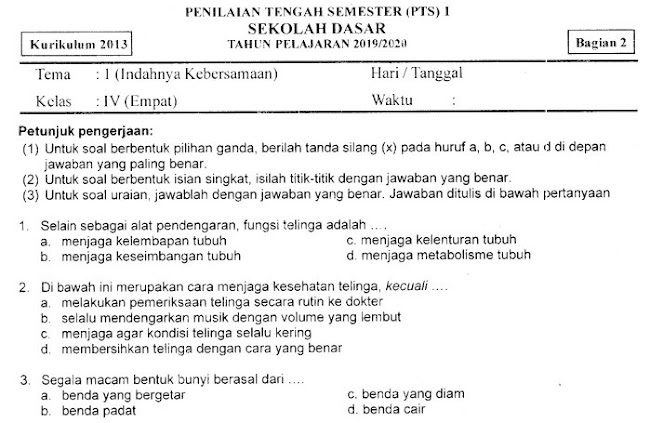 Kumpulan Soal Penilaian Tengah Semester (PTS) Ganjil Tema 1 Bagian 2 Kelas 4 SD Terbaru Tahun 2019/2020 Gratis