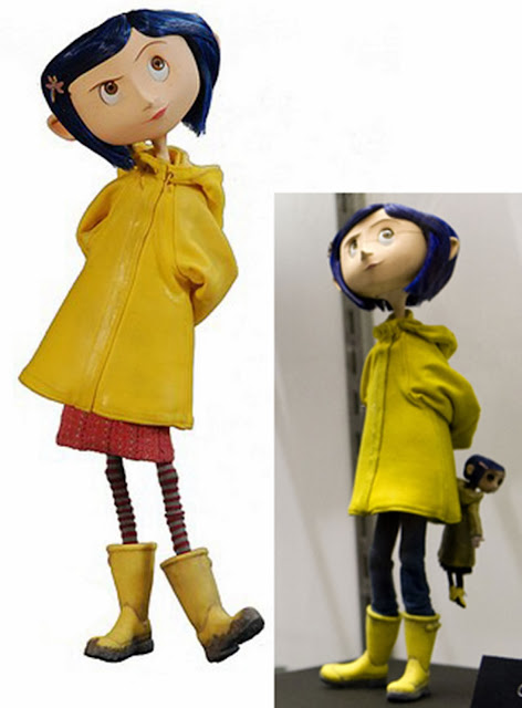 Coraline inspiration image, with yellow raincoat and little me doll