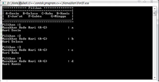 contoh program menentukan nama hari dengan perulangan for dan if pada c++