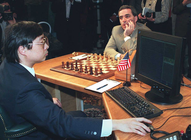 Feng-hsiung Hsu prepares Deep Blue before Kasparov makes his opening move in the first of six games.