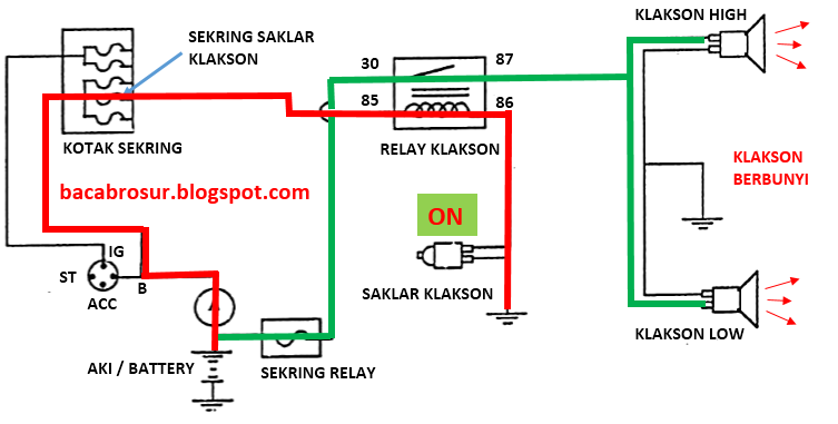 Gambar rangkaian  klakson menggunakan relay dan  cara  