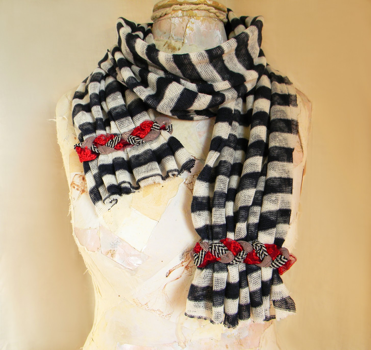 Navy Stripped Wrap, Jersey Scarf White and Dark Blue Stripes with Braided Textiles