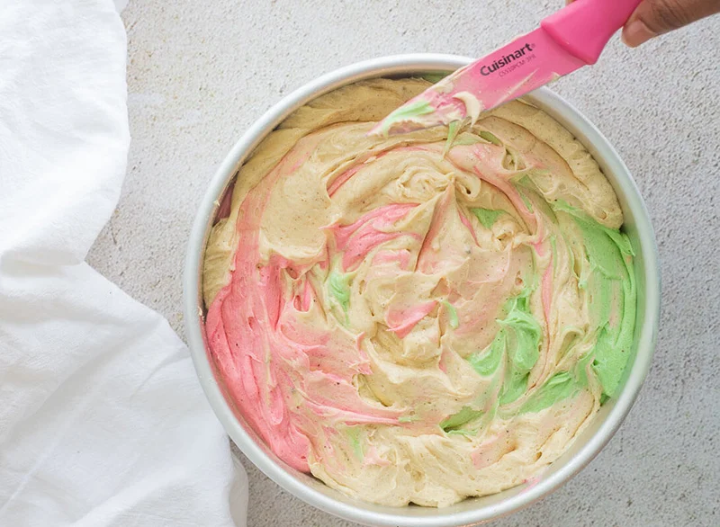 Picture of swirled batter for a marble cake prior to baking.