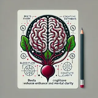 Scientific illustration of a human brain with enhanced blood flow pathways, showcasing how beets support cognitive function and mental clarity