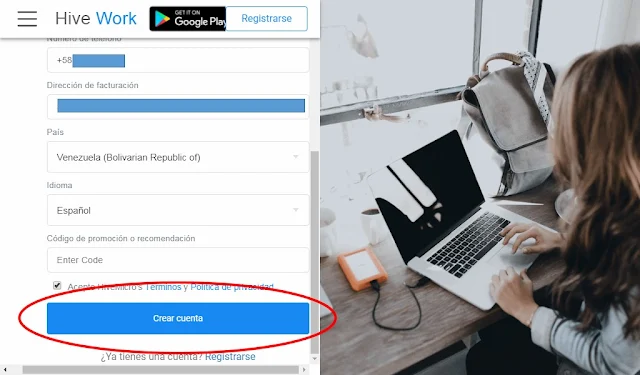 Rellenar formulario y dar clic en <<Crear cuenta>>. Hive Work