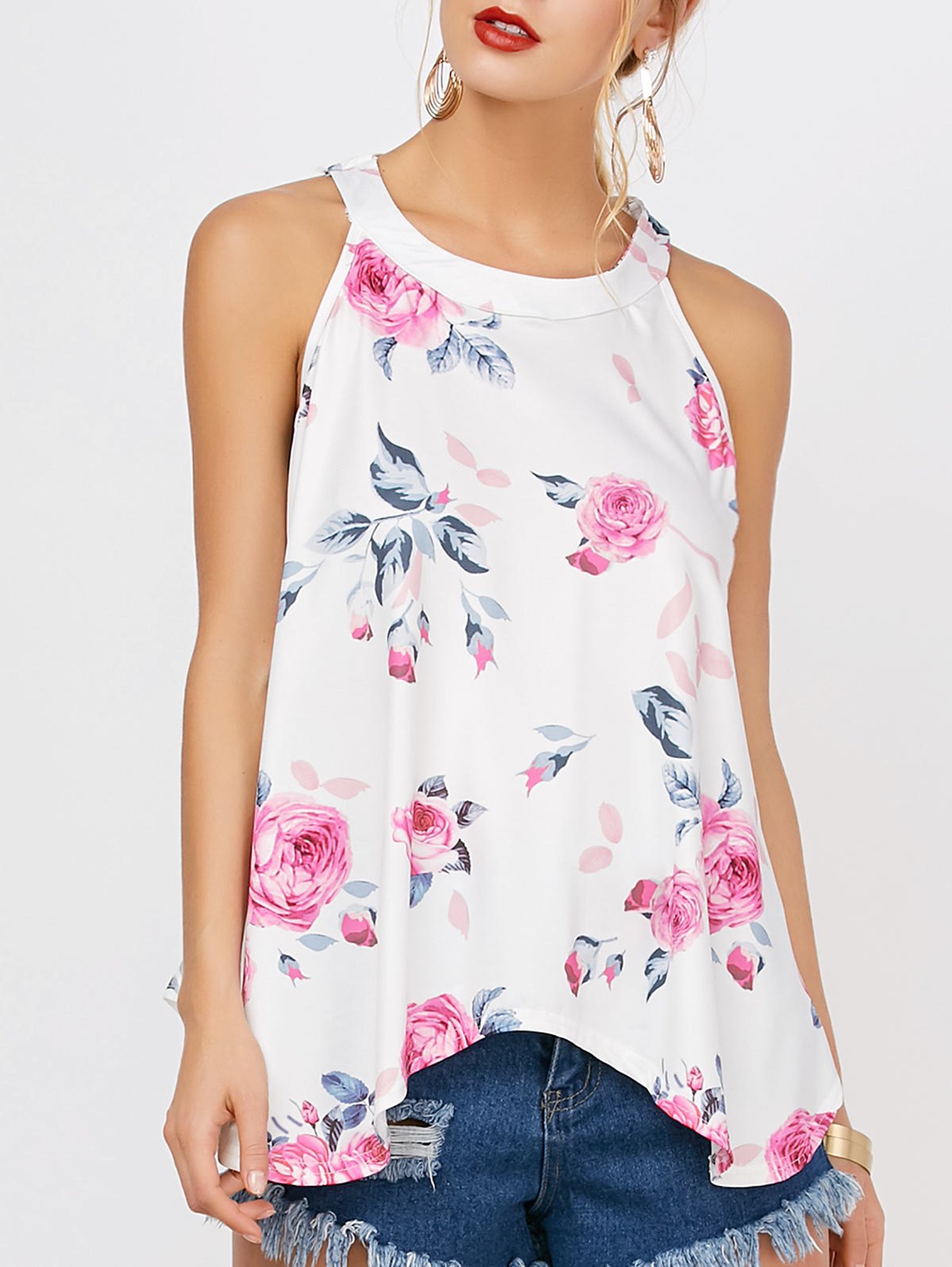  Floral Print Racerback Tank Top - White - S