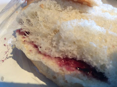 Bread with weird corally reef holes and webby parts, also a jam sandwich