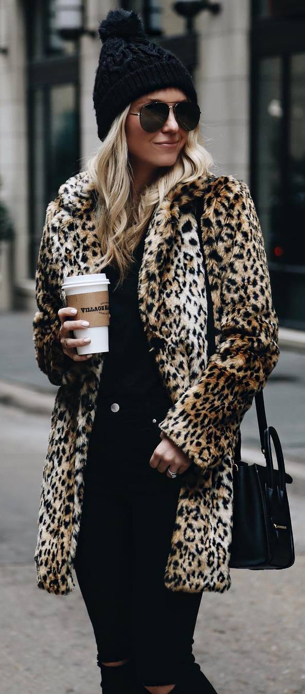 fashionable outfit / animal printed coat + hat + black jeans + bag