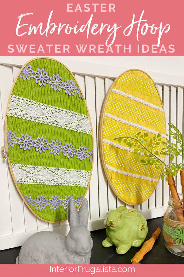 Two simple handmade Easter Egg Embroidery Hoop Wreaths, an easy ten-minute spring craft idea with recycled sweaters and seasonal ribbons. #eastereggwreath #easterwreathdiy #embroideryhoopwreath