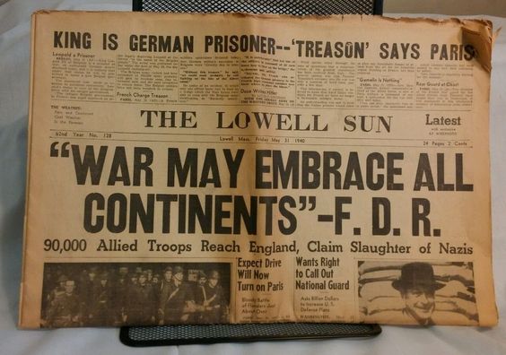 31 May 1940 worldwartwo.filminspector.com Lowell Sun headline