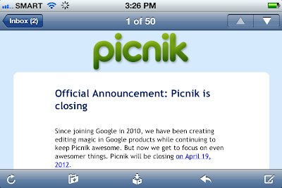 Email from Picnik with an announcement that they are closing on April 19, 2012.