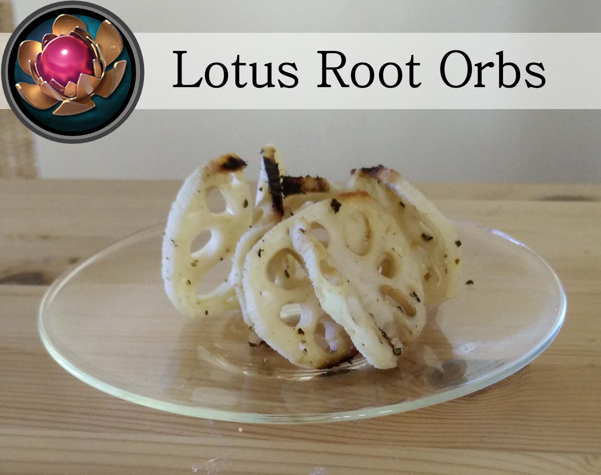 Lotus root, sliced thin and baked, then assembled into orbs.