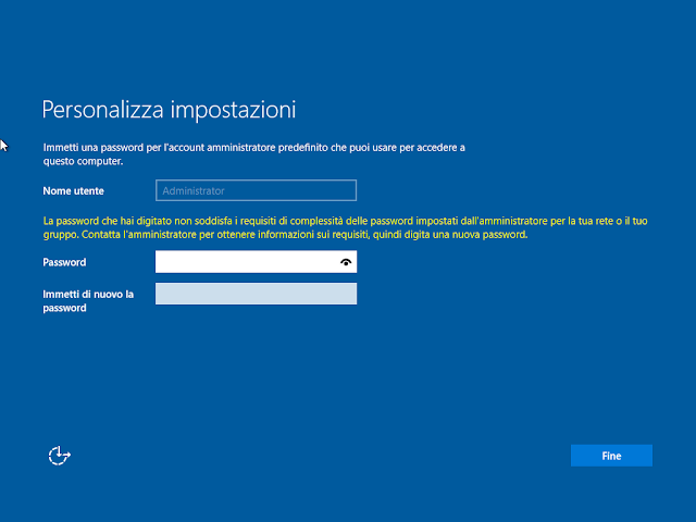 Password Administrator non accettata in quanto non rispetta i requisiti