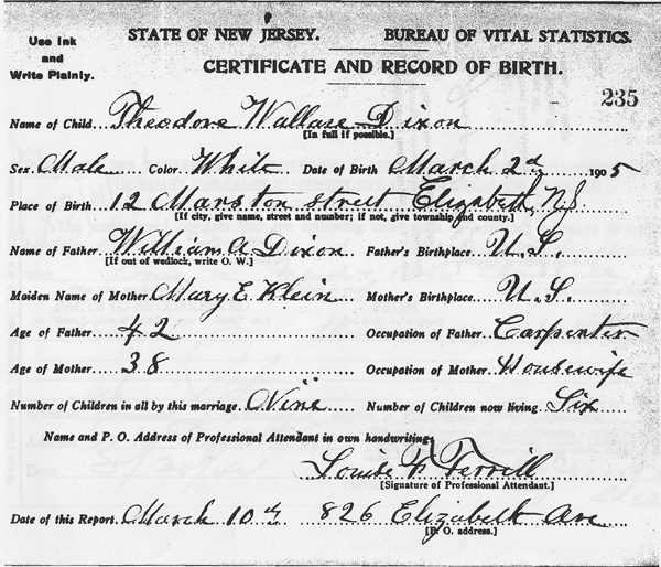 Birth certificate for Theodore Wallace Dixon [aka Wallace Bernard Dixon], 2 March 1905.