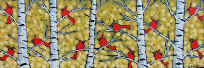 Cardinals on gold painting by artist aaron kloss, painting of cardinals, painting of tiny cardinals, pointillism, aaron kloss, duluth artist, duluth gallery, birch cardinal, gold, northern mn