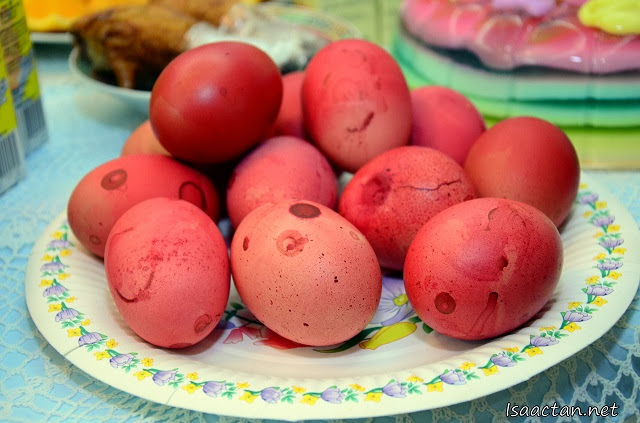 Some of the many food available, "red eggs" , a traditional coming of age food item