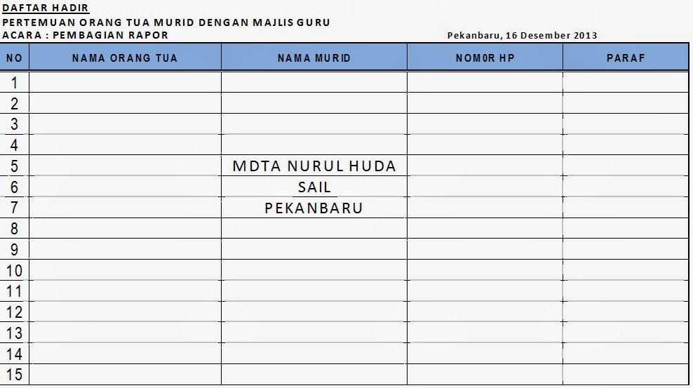 Contoh Daftar Hadir Rapat ~ MDTA NURUL HUDA KEC. SAIL KOTA 