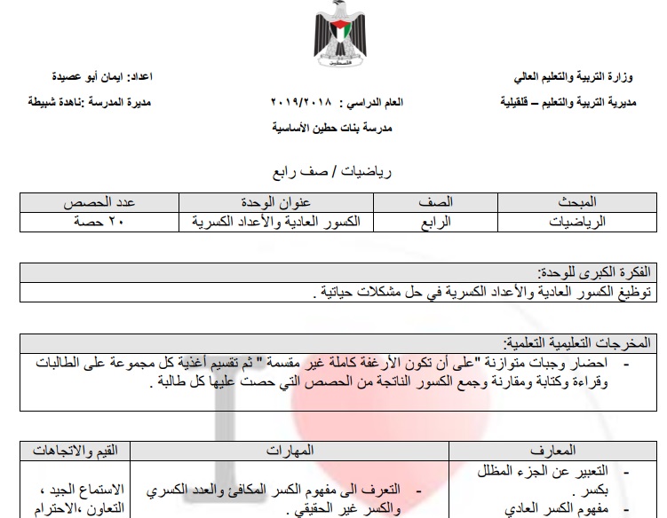 تحضير الوحدة الرابعة (الكسور العادية والأعداد الكسرية) للصف الرابع الفصل الأول