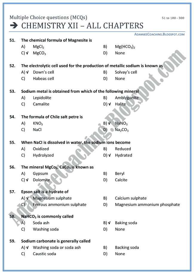 Chemistry Mcqs XII - All Chapters - 300 Mcqs