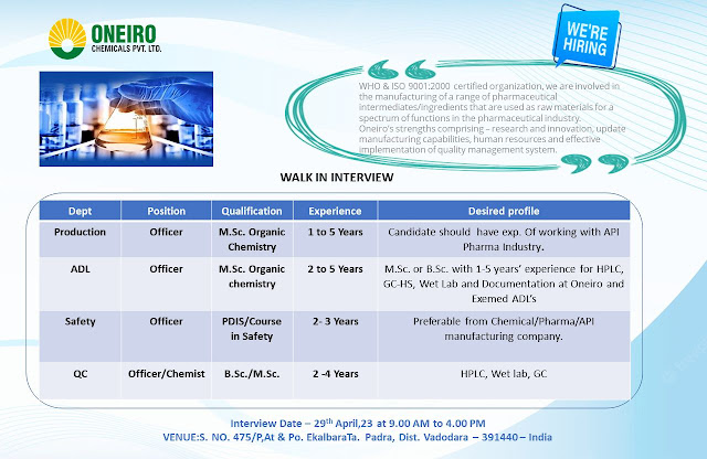 Oneiro Chemicals Walk In Interview For Production/ ADL/ Safety/ QC Department