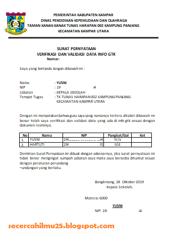 Format Surat Pernyataan Verifikasi Dan Validasi Info Gtk Dari Kepala Sekolah Secercah Ilmu