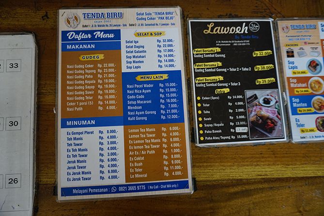 Daftar menu dan harga di Selat Tenda Biru Pak Bejo