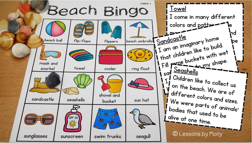 beach bingo game with vocabulary cards