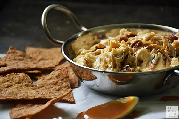 Butter Pecan Cream Cheese Dip | by Life Tastes Good with Harvest Pumpkin Tortilla Chips is like eating a creamy Pumpkin Pecan Pie, only better, because this sweet treat is super easy to make! #LTGrecipes #FoodShouldTasteGood