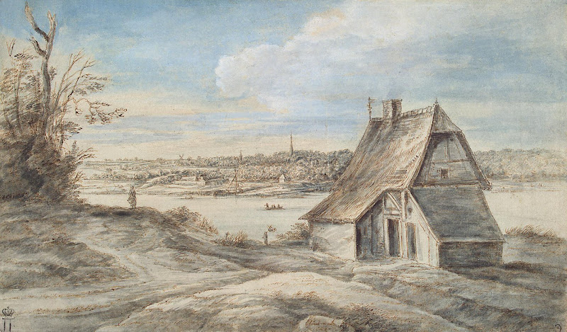 Landscape with a Hut by a River by Lucas van Uden - Landscape Drawings from Hermitage Museum