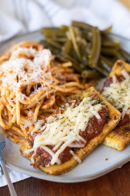 The Parmesan Tofu with spaghetti and green beans