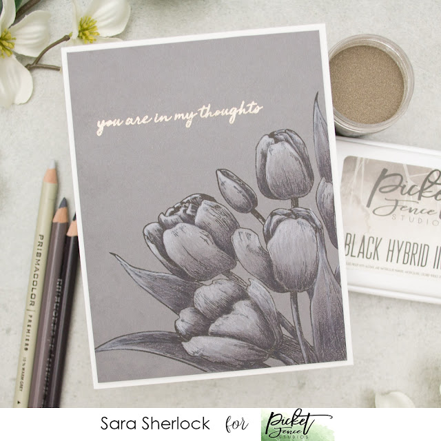 Monochromatic, tulips, Picket Fence Studios, March Release, Prismacolor Pencils, colored pencils, coloring, flowers, flower card, floral card, gray tones