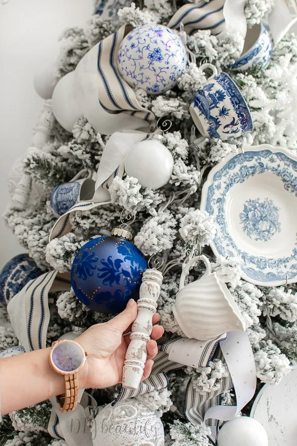 French farmhouse blue and white Christmas tree