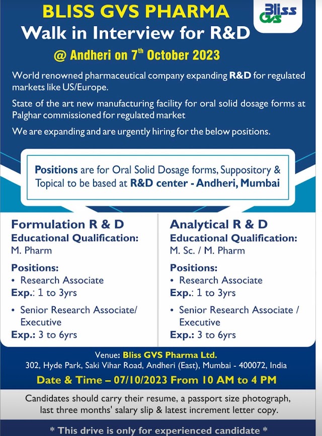 Bliss GVS Pharma | Walk-in interview for Formulation & Analytical R&D on 7th Oct 2023