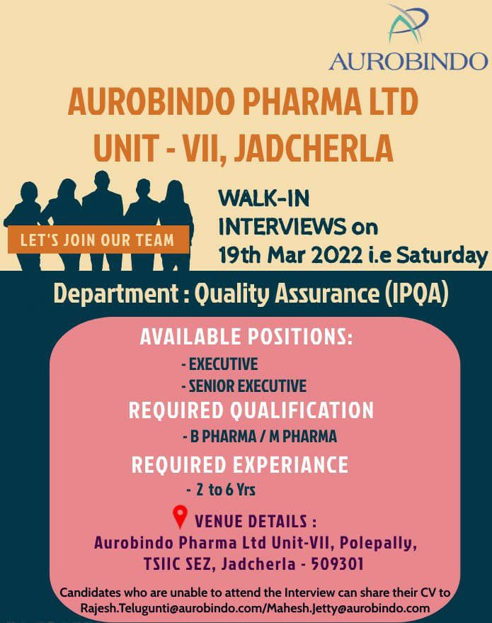 Job Availables,Aurobindo Pharma Walk-In-Interview For B.Pharm/ M.Pharm
