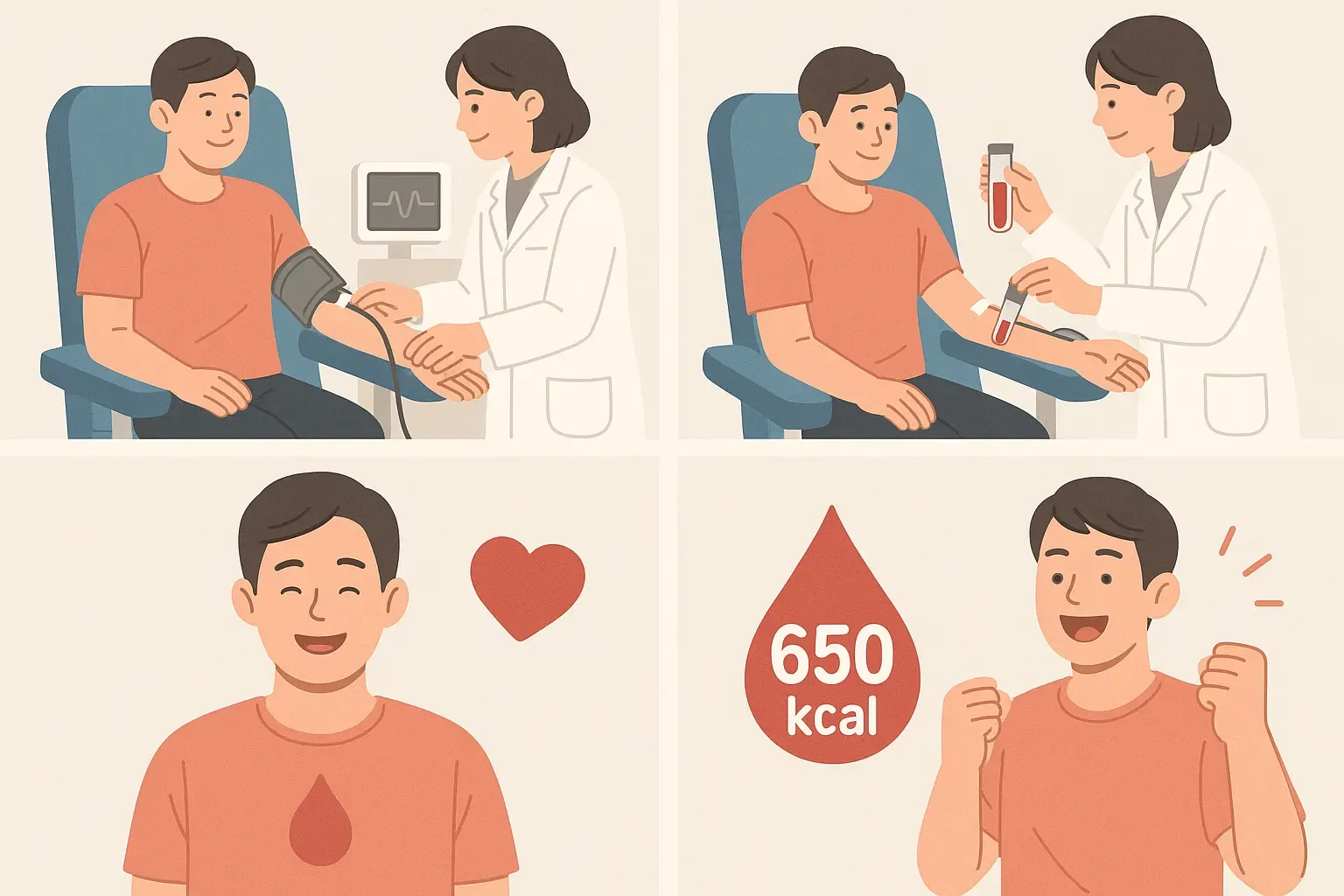 병원에서 헌혈 검사를 받는 장면(혈압 측정, 혈액 검사)과 헌혈 후 기뻐하는 사람. 칼로리 소모(650kcal)