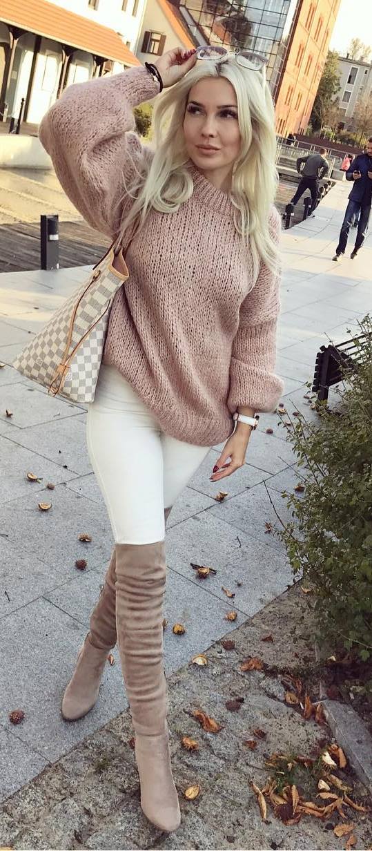white and nude shades | knir sweater + skinnies + bag + over the knee boots