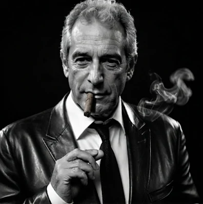 Black and white of Jeffrey Epstein from the chest of smoking a cigar wearing black leather blazer